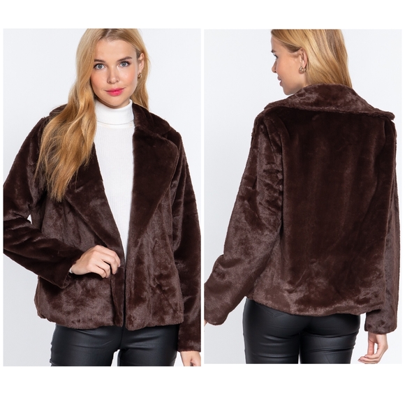 Sophisticated Chic Classic Brown Faux Fur Open Coat - Picture 2 of 6